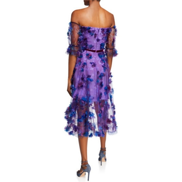 Marchesa Notte Off-the-Shoulder Blouson-Sleeve Tulle Dress w/ 3D Flowers… - Picture 3 of 13